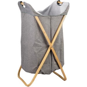Cesto de Roupas de Tecido e Bambu Cinza - 70cm