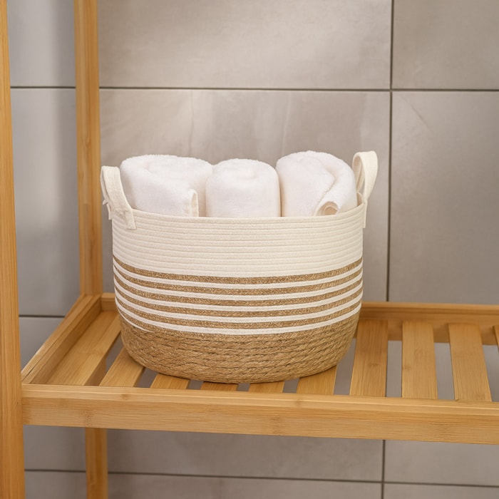 Cesto Organizador de Palha Redondo com Alça Branco G - 42cm - Madel Home