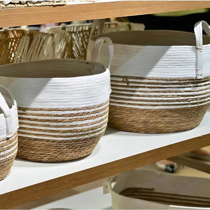 Cesto Organizador de Palha Redondo com Alça Branco G - 42cm - Madel Home