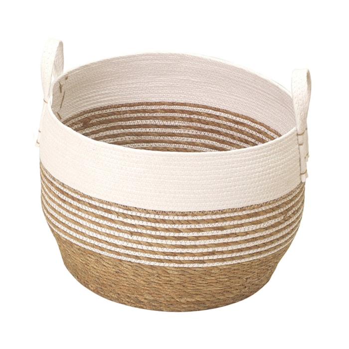 Cesto Organizador de Palha Redondo com Alça Branco M - 32cm - Madel Home