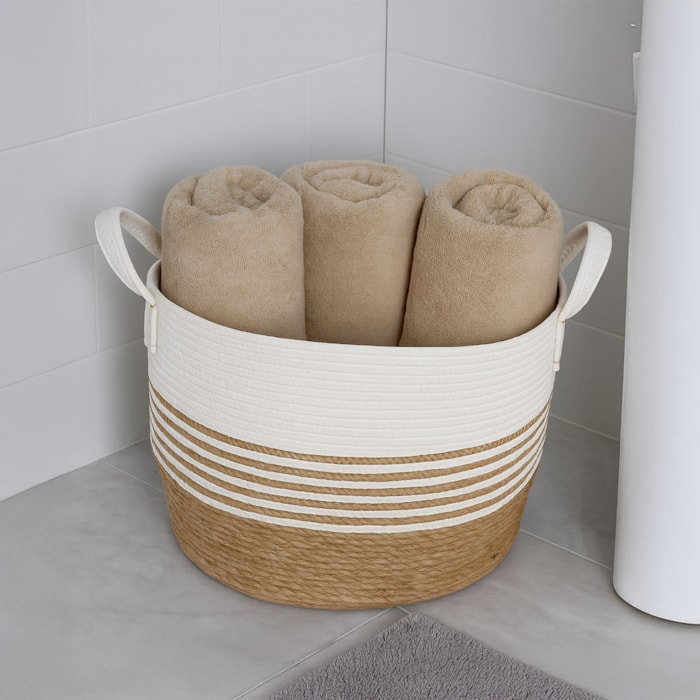 Cesto Organizador de Palha Redondo com Alça Branco M - 32cm - Madel Home