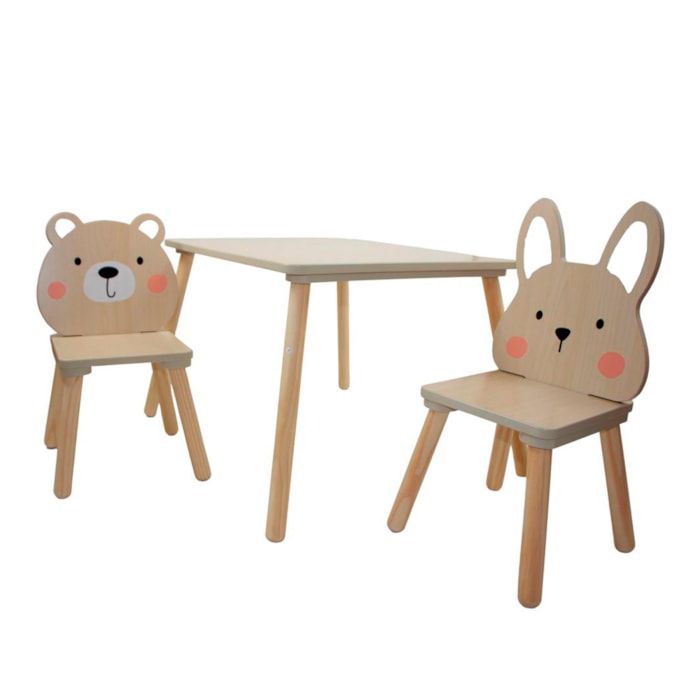 Conjunto de Mesa com 2 Cadeiras Infantil Urso e Coelho Madeira - Madel Home