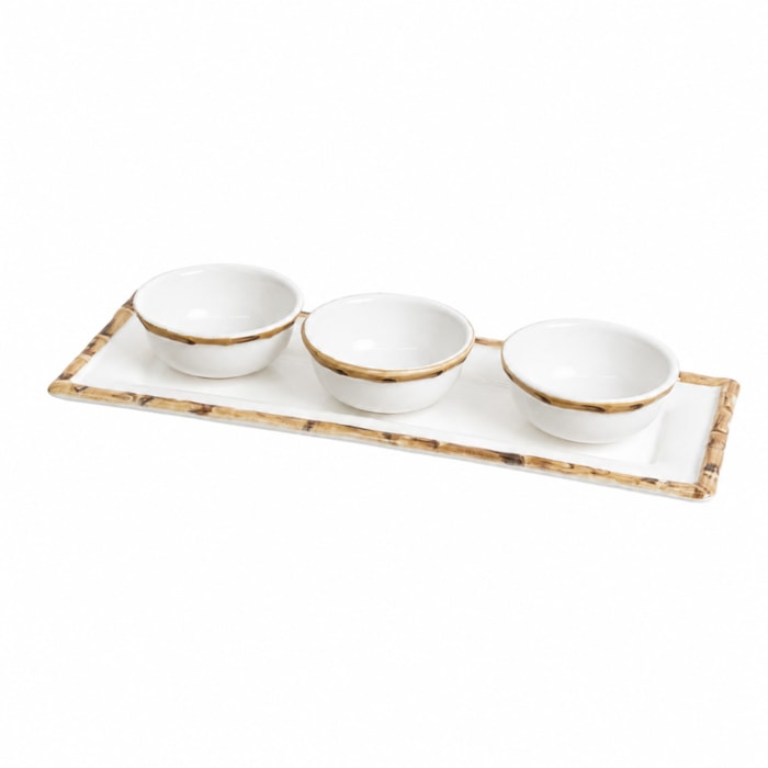 Conjunto de Petisqueira em Cerâmica com Bambu - 4 Peças - Madel Home