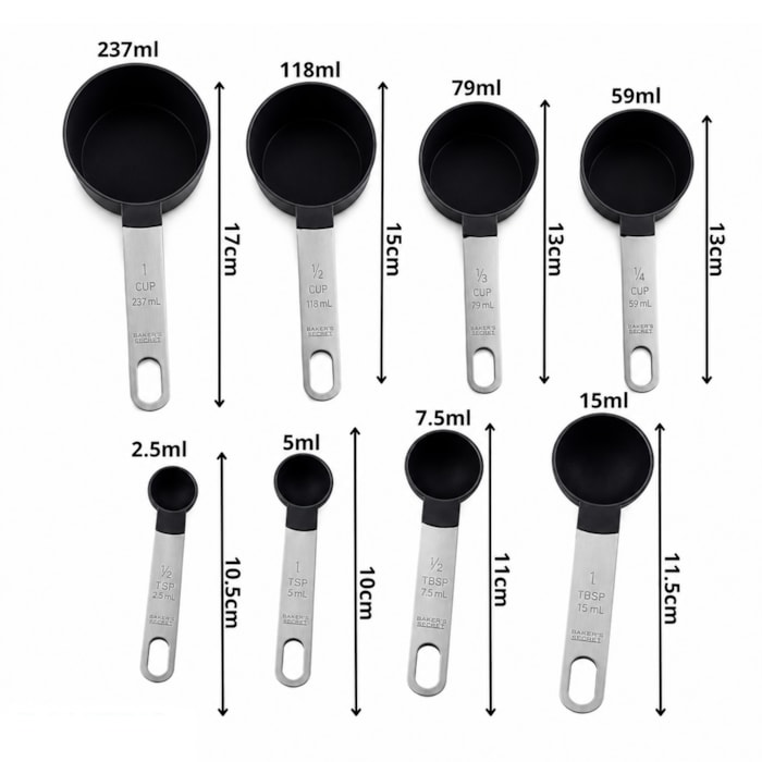 Conjunto de Xícaras Medidoras em Plástico Preto Baker's Secret - 8 Peças - Madel Home