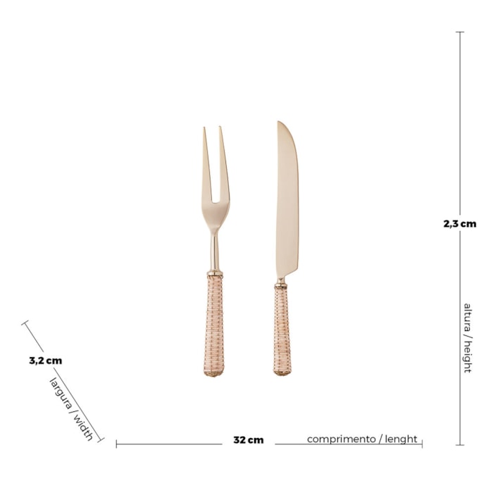 Conjunto Faca e Garfo em Inox com Cabo Rattan para Assados Dourado Wolff - 2 Peças - Madel Home