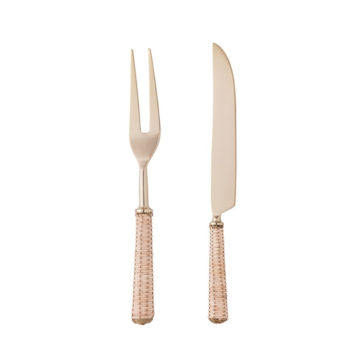 Conjunto Faca e Garfo em Inox com Cabo Rattan para Assados Dourado Wolff - 2 Peças - Madel Home