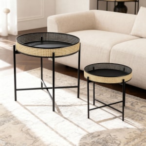 Conjunto Mesa Lateral Redonda em Metal Preto e Dourado - 2 Peças