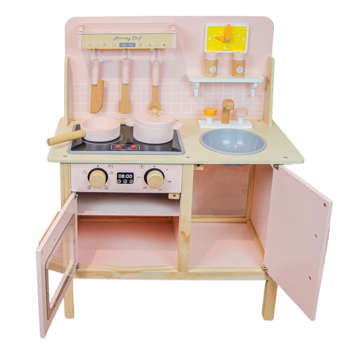 Cozinha de Madeira e 07 Peças para Cozinha 60x75x30cm Rosa - Madel Home
