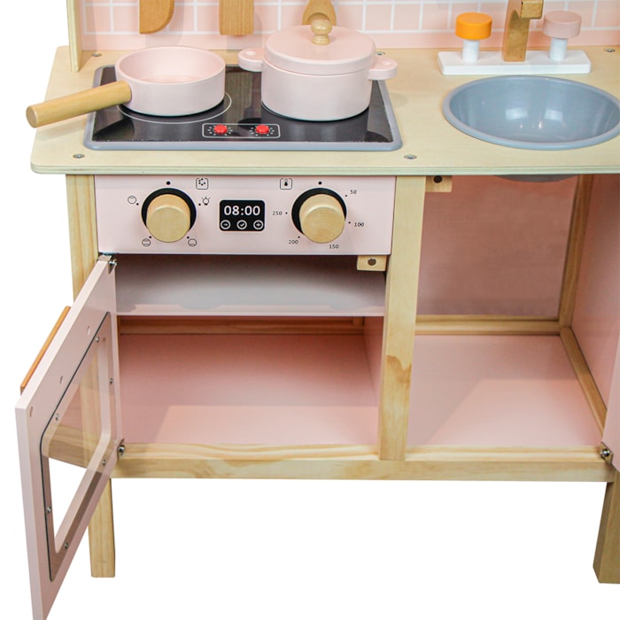 Cozinha de Madeira e 07 Peças para Cozinha 60x75x30cm Rosa - Madel Home