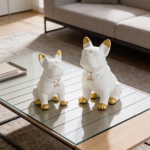 Escultura de Cerâmica Cachorro Branco Branco Dourado M - 22cm
