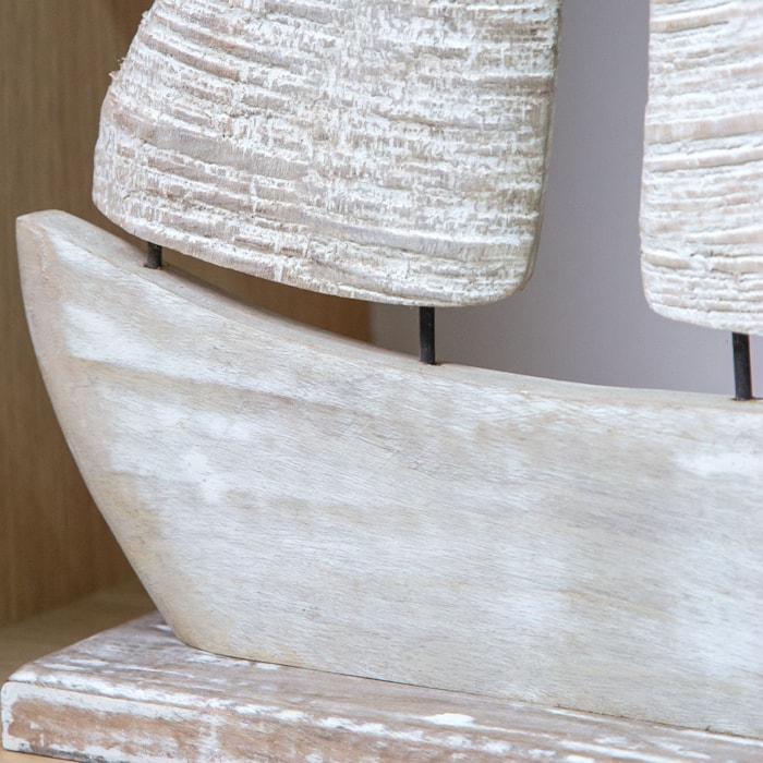 Escultura de Madeira Barco Branco - 56cm - Madel Home