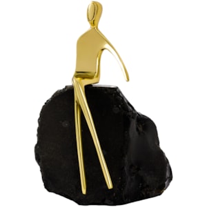 Escultura de Metal e Pedra Obsidiana Harmony Preta e Dourada - 19cm