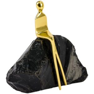 Escultura de Metal e Pedra Obsidiana Thinking Preta e Dourada - 16cm