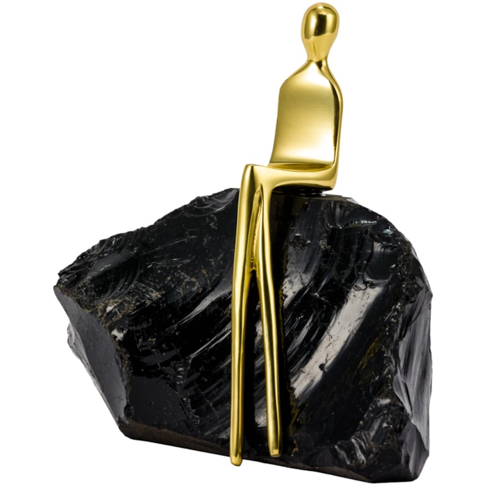 Escultura de Metal e Pedra Obsidiana Thinking Preta e Dourada - 16cm - Madel Home