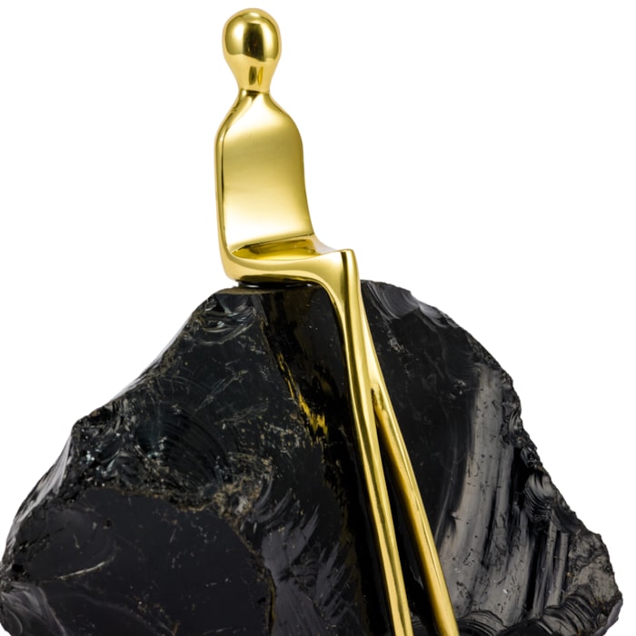 Escultura de Metal e Pedra Obsidiana Thinking Preta e Dourada - 16cm - Madel Home