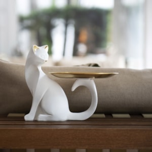 Escultura de Resina Gato com Bandeja Sentado Branco - 19cm