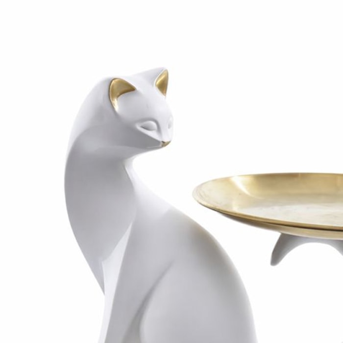 Escultura de Resina Gato com Bandeja Sentado Branco - 19cm - Madel Home
