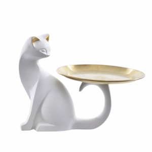 Escultura de Resina Gato com Bandeja Sentado Branco - 19cm