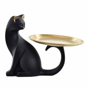 Escultura de Resina Gato com Bandeja Sentado Preto - 19cm