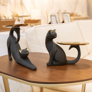 Escultura de Resina Gato com Bandeja Sentado Preto - 19cm