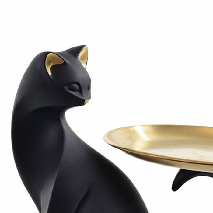Escultura de Resina Gato com Bandeja Sentado Preto - 19cm - Madel Home