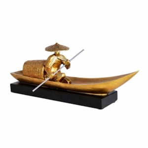 Escultura de Resina Homem no Barco Preto e Dourado - 32cm