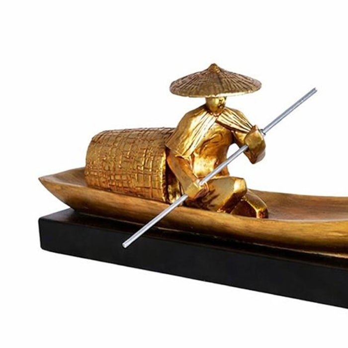 Escultura de Resina Homem no Barco Preto e Dourado - 32cm - Madel Home