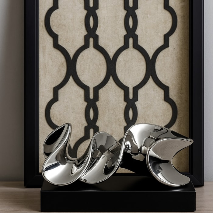 Escultura Decorativa de Cerâmica Abstrata Onda Prata - 34cm - Madel Home