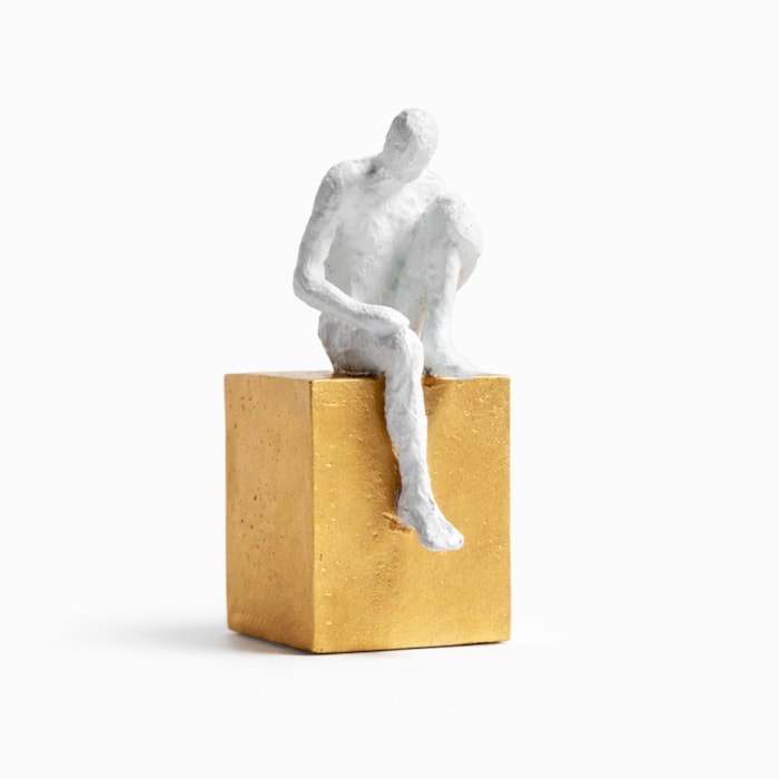 Escultura Decorativa de Resina Homem Think Sentado Branco - 16cm - Madel Home