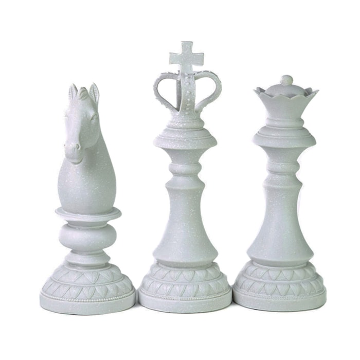 Escultura Xadrez Rei Rainha e Cavalo de Resina Branco - 20cm - Madel Home