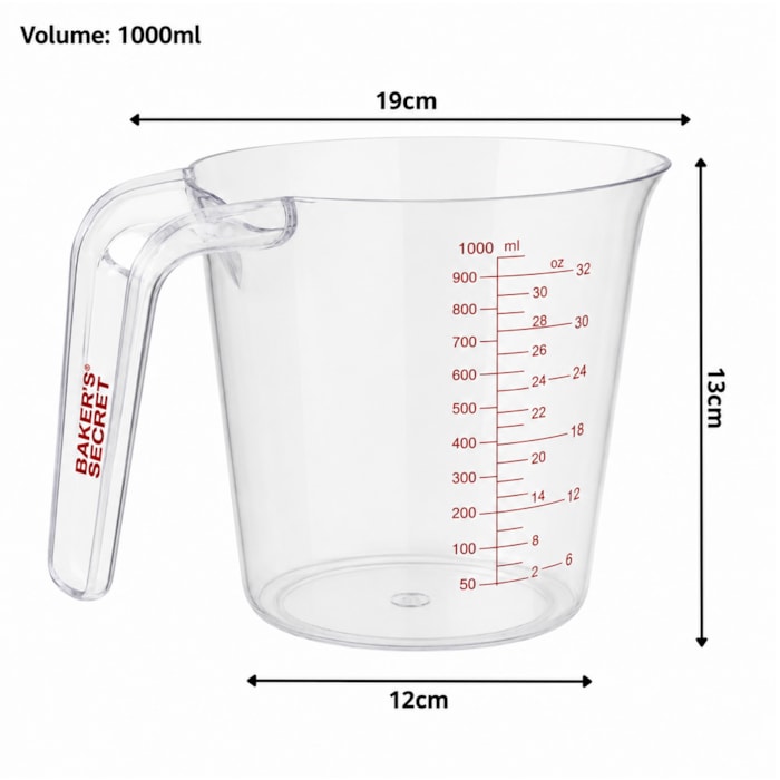 Jarra Medidora Graduada em Plástico Transparente Baker's Secret - 1000mL - Madel Home