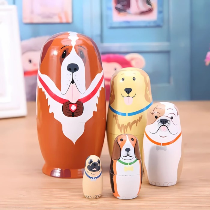 Jogo de 5 Matrioshka Raças de Cães Famosas Madeira - Madel Home
