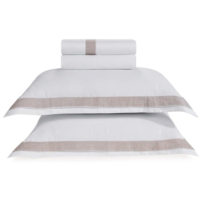 Jogo de Cama King 100% Algodão Egípcio 300 Fios Branco/Legno Porto Trussardi - Madel Home