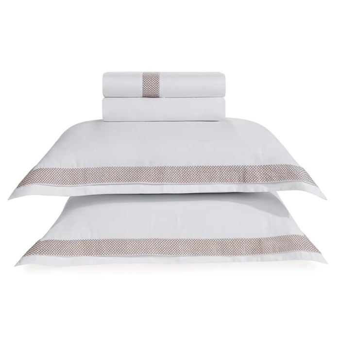 Jogo de Cama Queen 100% Algodão Egípcio 300 Fios Branco/Legno Porto Trussardi - Madel Home