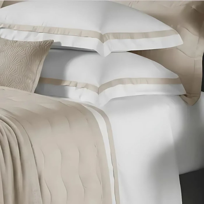 Jogo de Cama Queen 100% Algodão Egípcio 300 Fios Branco/Nocciola Vercelli Trussardi - Madel Home