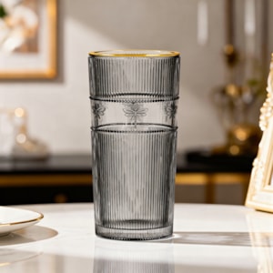 Jogo de Copos Altos Libélula Vidro Borda Dourada Cinza L'Hermitage 350ml  - 6 Peças