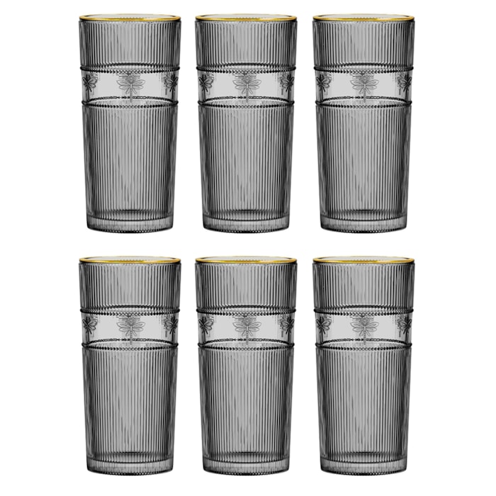 Jogo de Copos Altos Libélula Vidro Borda Dourada Cinza L'Hermitage 350ml - 6 Peças - Madel Home