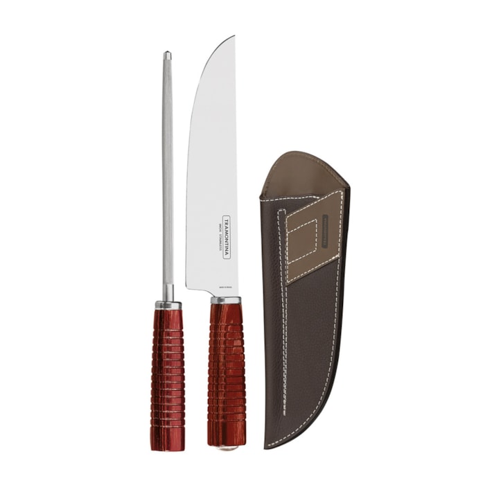 Jogo de Faca e Chaira em Inox e Cabo de Madeira Polywood Vermelho Tramontina - 2 Peças - Madel Home