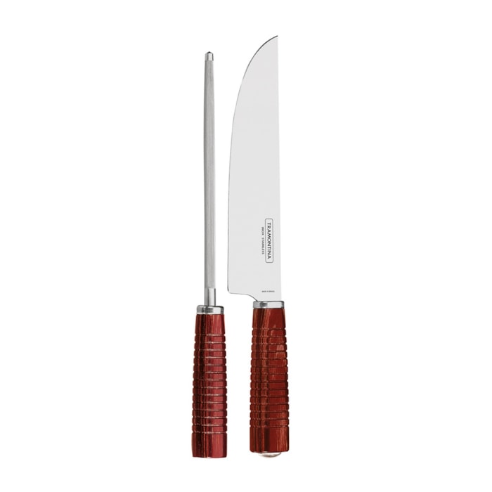 Jogo de Faca e Chaira em Inox e Cabo de Madeira Polywood Vermelho Tramontina - 2 Peças - Madel Home