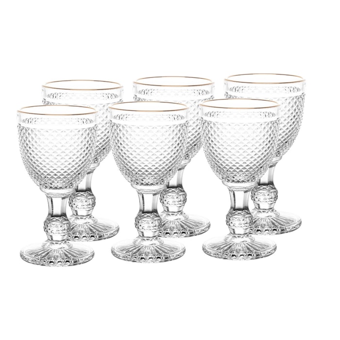 Jogo de Taças para Água de Vidro com Fio Dourado Bico de Jaca Wolff 300ml - 6 Peças - Madel Home