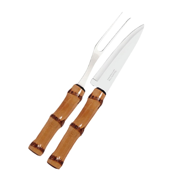 Jogo Garfo e Faca Trinchante Inox com Cabo Bambu Natural - Madel Home