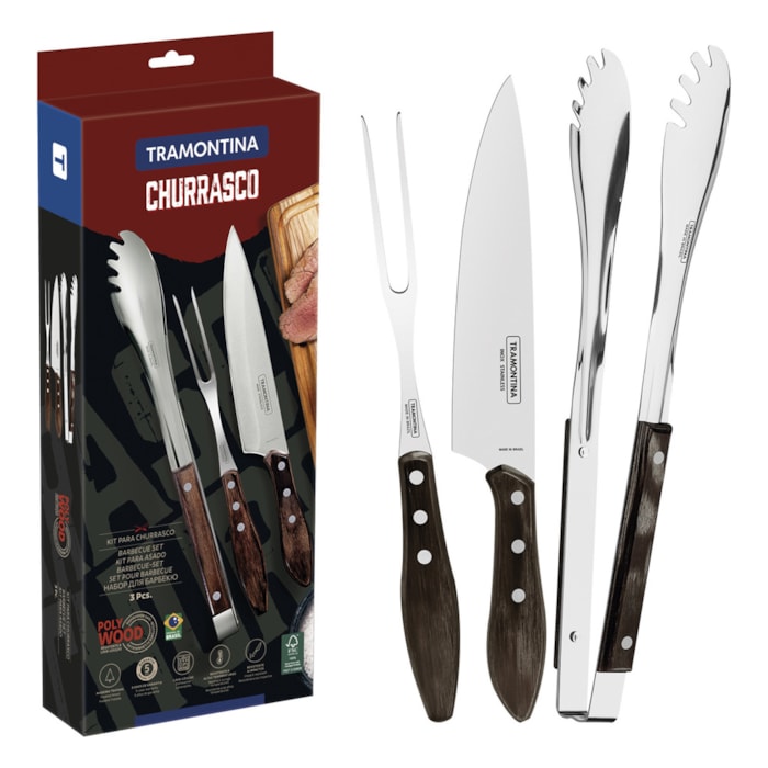 Jogo para Churrasco em Inox e Cabo de Madeira Polywood Castanho Tramontina - 3 Peças - Madel Home