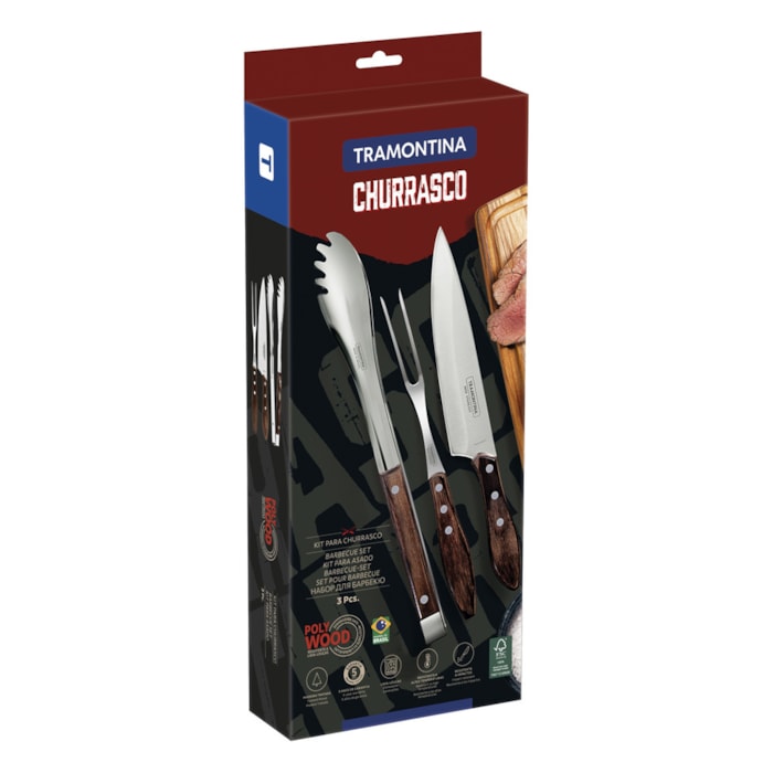 Jogo para Churrasco em Inox e Cabo de Madeira Polywood Castanho Tramontina - 3 Peças - Madel Home