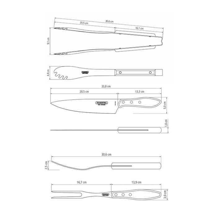 Jogo para Churrasco em Inox e Cabo de Madeira Polywood Castanho Tramontina - 3 Peças - Madel Home