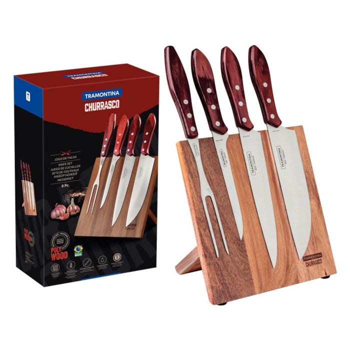 Jogo para Churrasco em Inox e Cabo de Madeira Polywood Vermelho Tramontina - 5 Peças - Madel Home