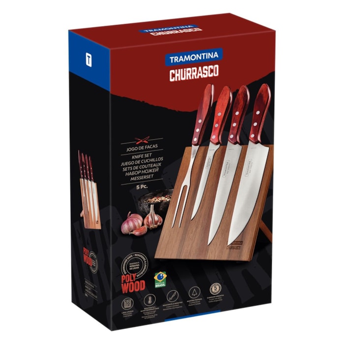 Jogo para Churrasco em Inox e Cabo de Madeira Polywood Vermelho Tramontina - 5 Peças - Madel Home