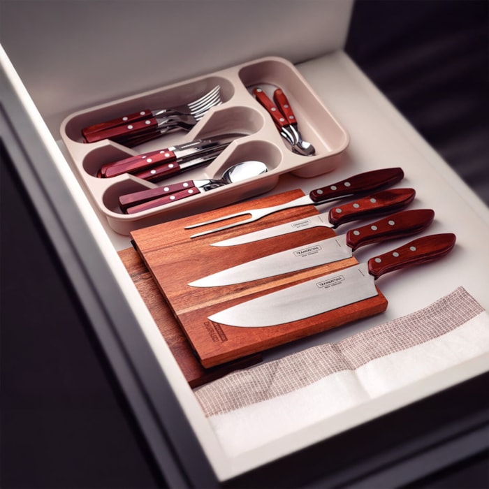 Jogo para Churrasco em Inox e Cabo de Madeira Polywood Vermelho Tramontina - 5 Peças - Madel Home