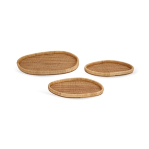 Kit Bandejas de Madeira e Fibra Rattan - 3 Peças