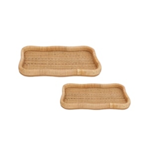 Kit Bandejas de Madeira e Fibra Rattan Natural - 2 Peças