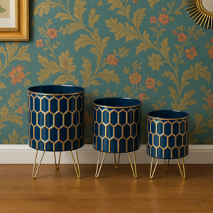 Kit Cachepots Metal Azul e Dourado - 3 Peças